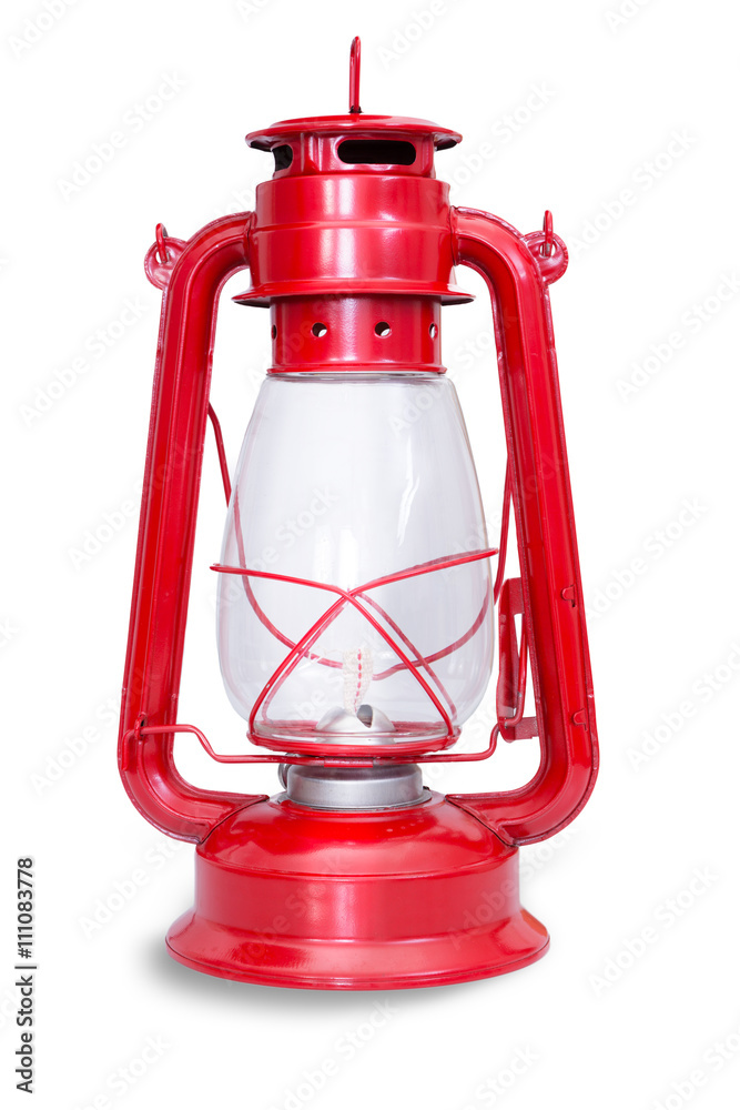 Isolated image of red kerosene lantern with glass