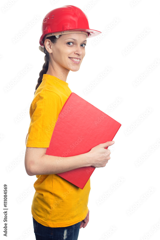 woman in a helmet holding a folder isolated woman in a helmet holding a folder isolated