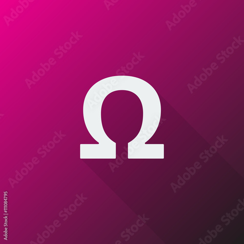 White Omega icon on pink background