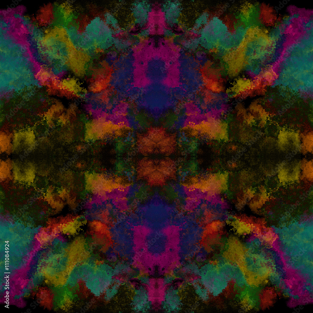 Seamless ethnic kaleidoscope pattern. Vibrant colored organic shapes on black background.
