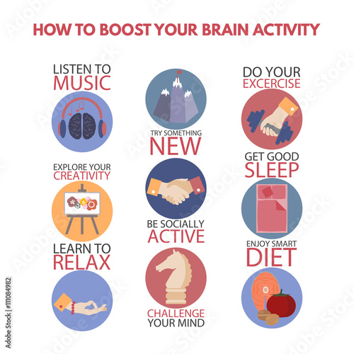 Modern flat style infographic on boosting brain energy. 