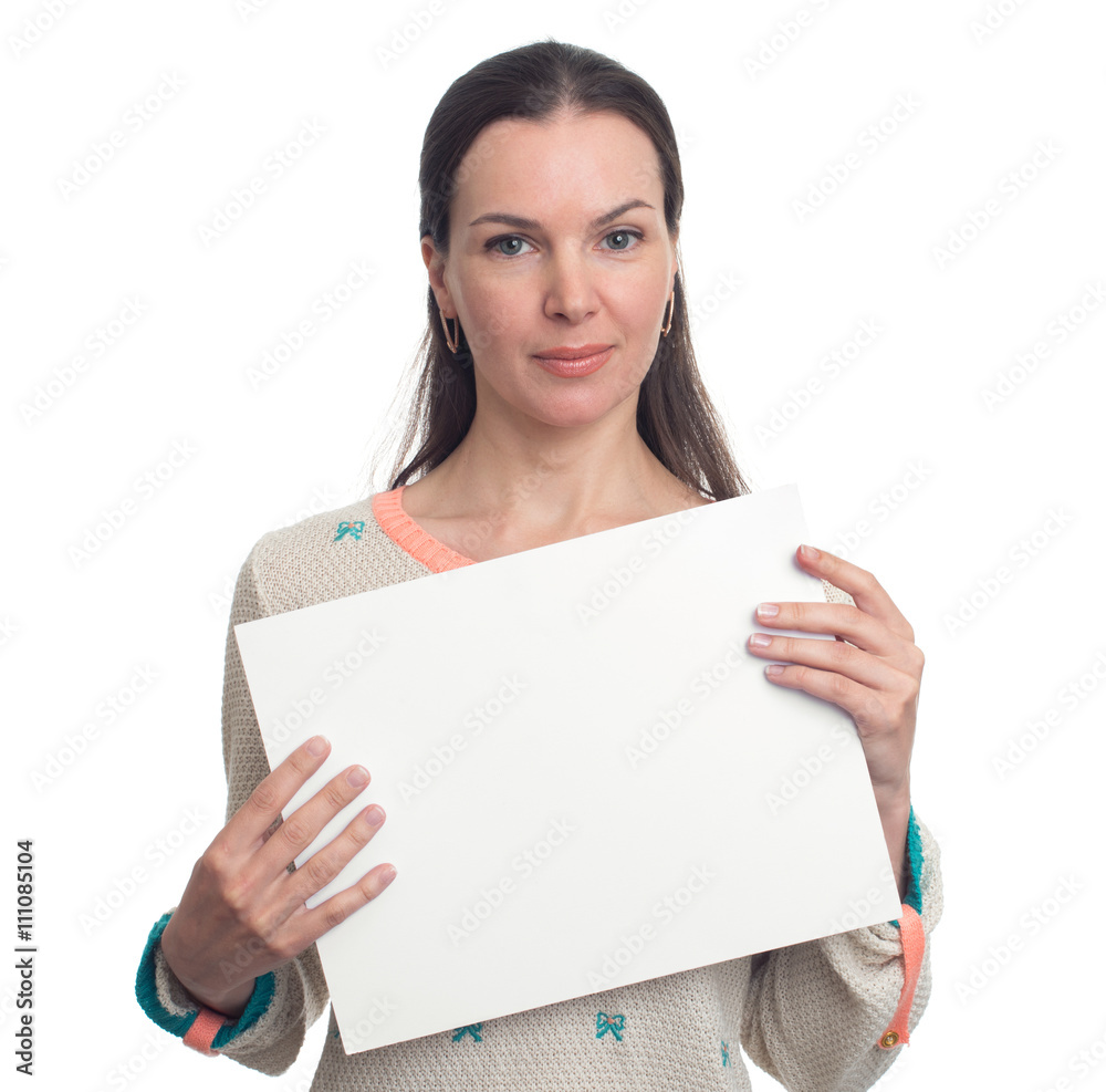 Smiling beautiful woman holding blank white banner Smiling beautiful woman holding blank white banner
