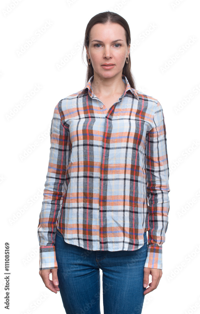 woman in jeans and checked shirt woman in jeans and checked shirt