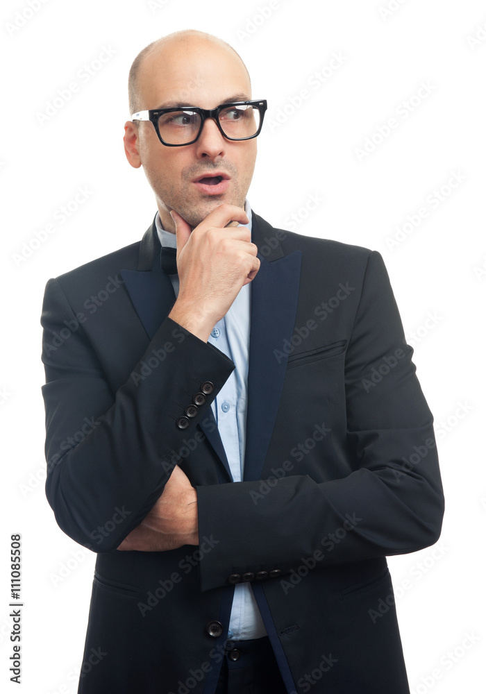 surprised fashionable bald man looking away surprised fashionable bald man looking away