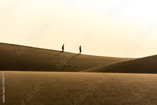 Couple walking in desert on sand dunes