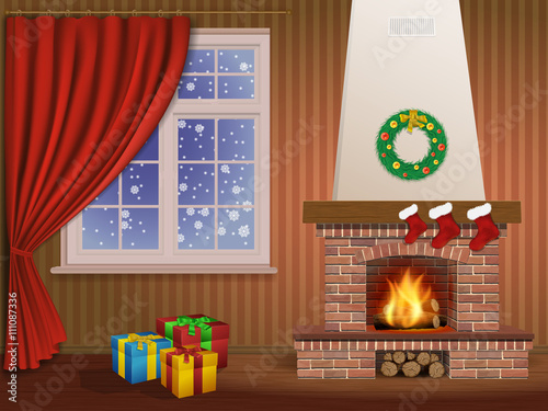 Christmas interior with a fireplace, gifts, and window