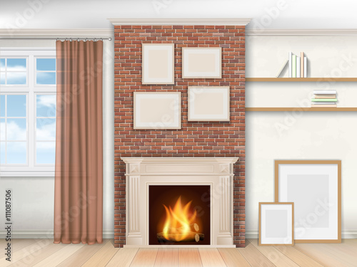 Interior living room with fireplace and window. Realistic vector illustration.