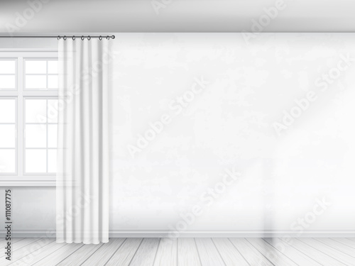 A white wall with a window and curtains. Partial view of interior. Architectural realistic vector background.
