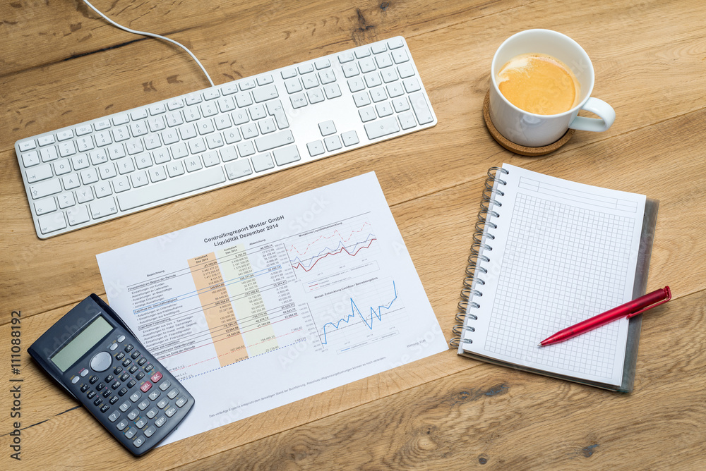Accountant's workplace with supplies and spreadsheet foto de Stock