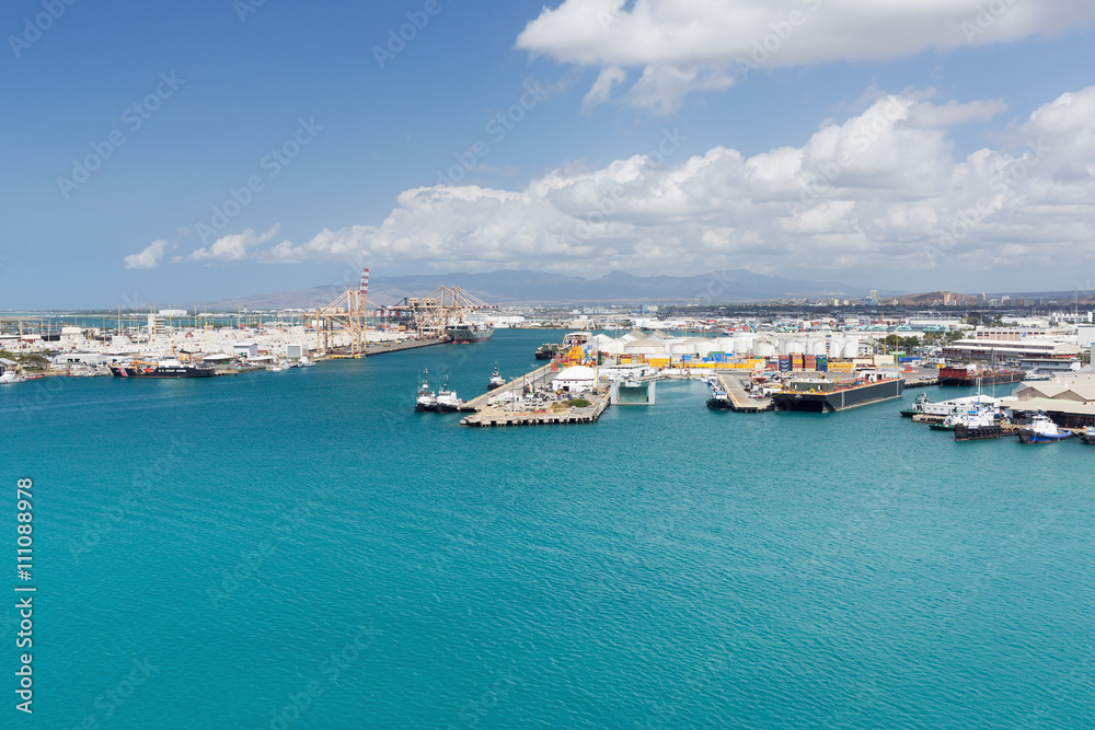 Docks in Honolulu Harbor seen from the Aloha Tower