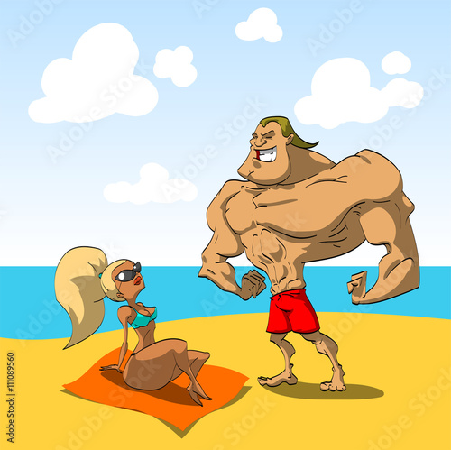 Muscular guy on the beach with a hot girl