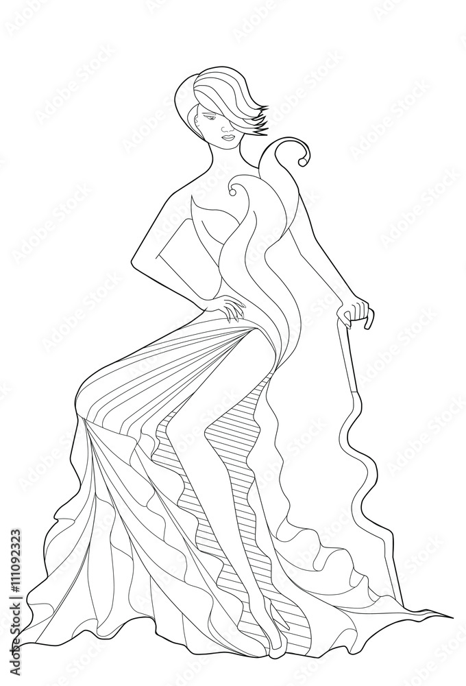 Coloring book page for adults. Sitting girl in a long dress.  Fashion.