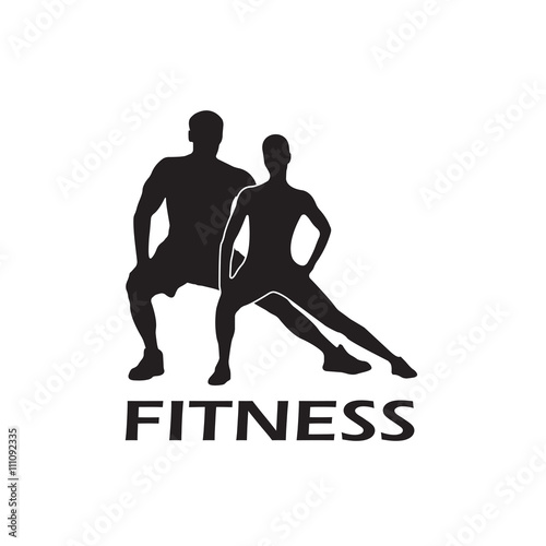 Fit icon. Muscled man and woman black silhouettes isolated on white background. Fitness symbol or label. Vector illustration.