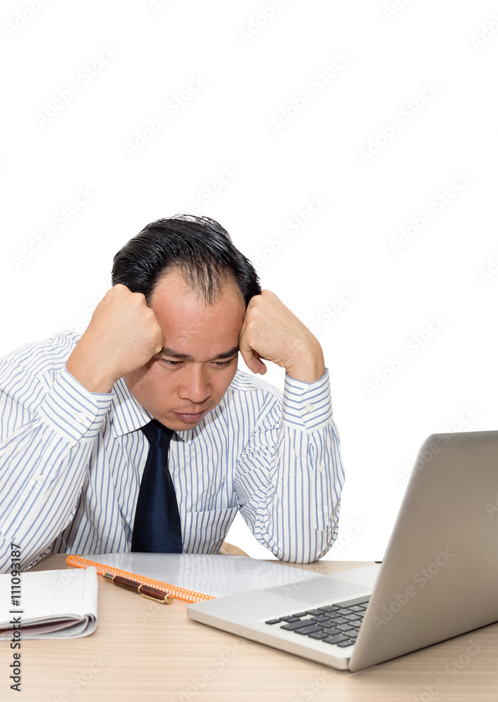 worried asian businessman looking at laptop isolated worried asian businessman looking at laptop isolated