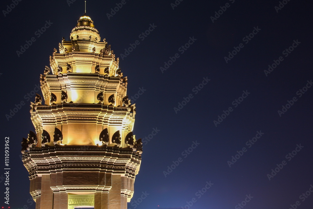Independence Monument in the night time which is the one of landmark in Phnom Penh, Cambodia.
