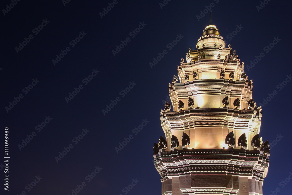 Independence Monument in the night time which is the one of landmark in Phnom Penh, Cambodia.