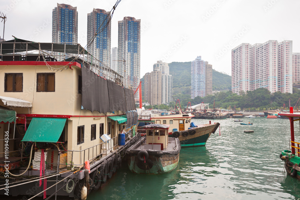 Floating village in the Aberdeen bay in Hong Kong