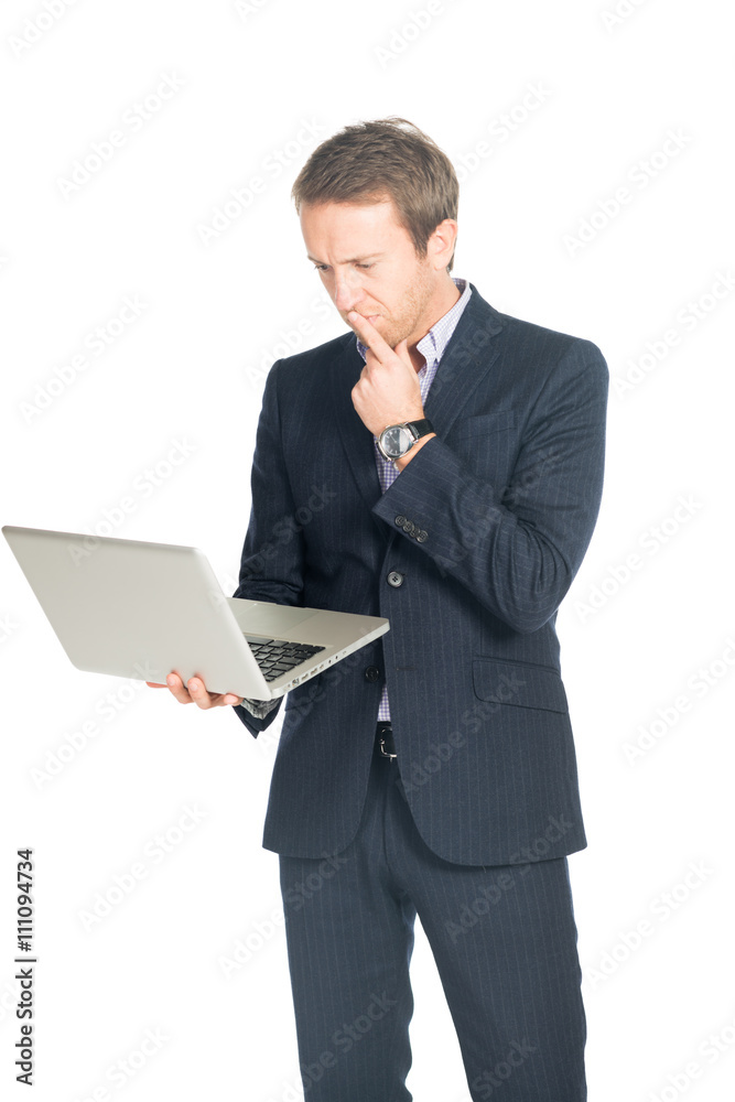 handsome man in suit with laptop thoughtful handsome man in suit with laptop thoughtful