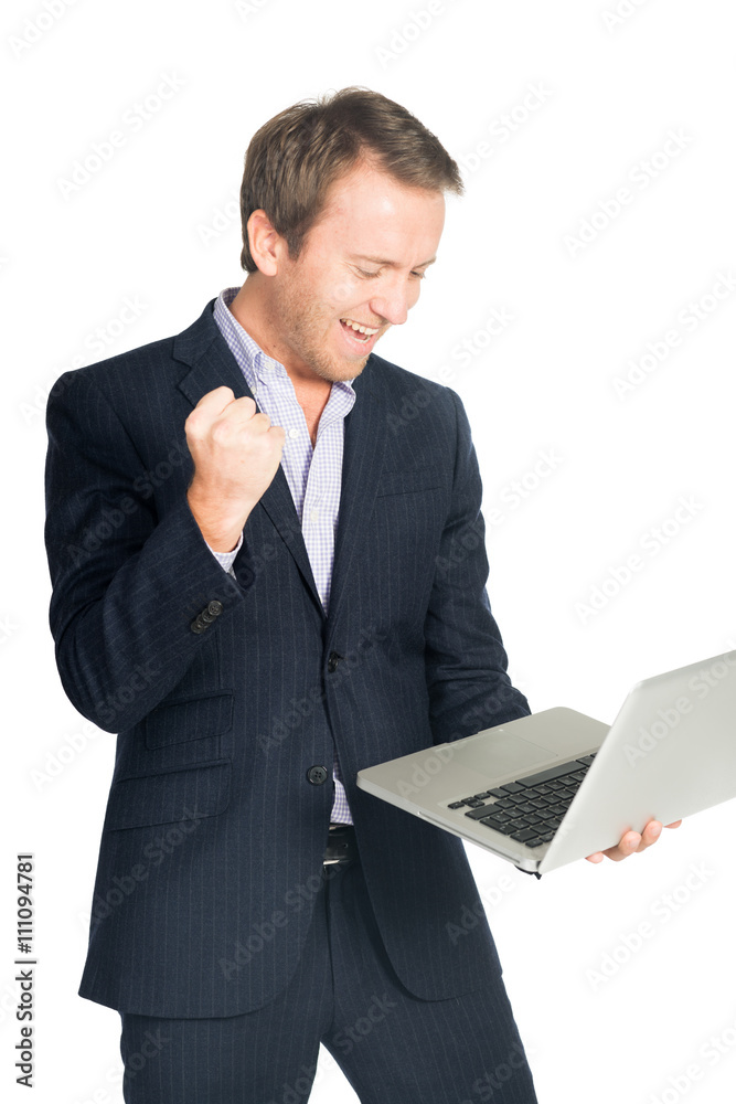 handsome man in suit very happy with laptop handsome man in suit very happy with laptop