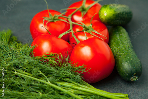 Tomatoes, cucumbers and green dill on a dark background. food concept. close up