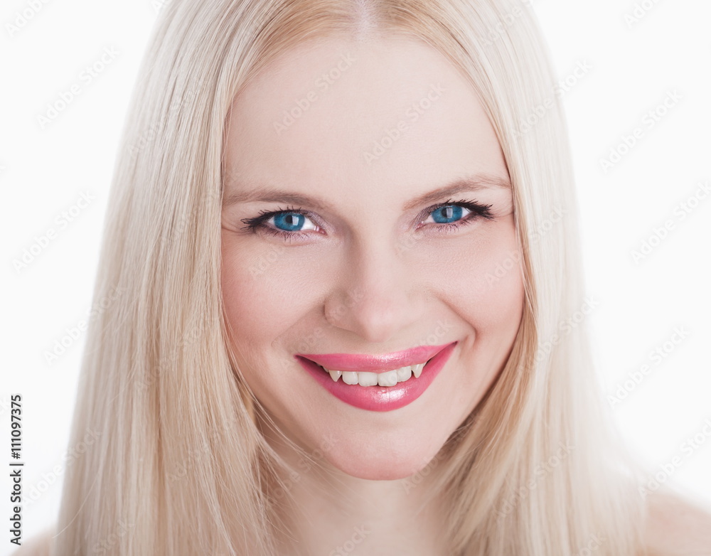 Studio, face, blue eyes, smile teeth, white background Studio, face, blue eyes, smile teeth, white background