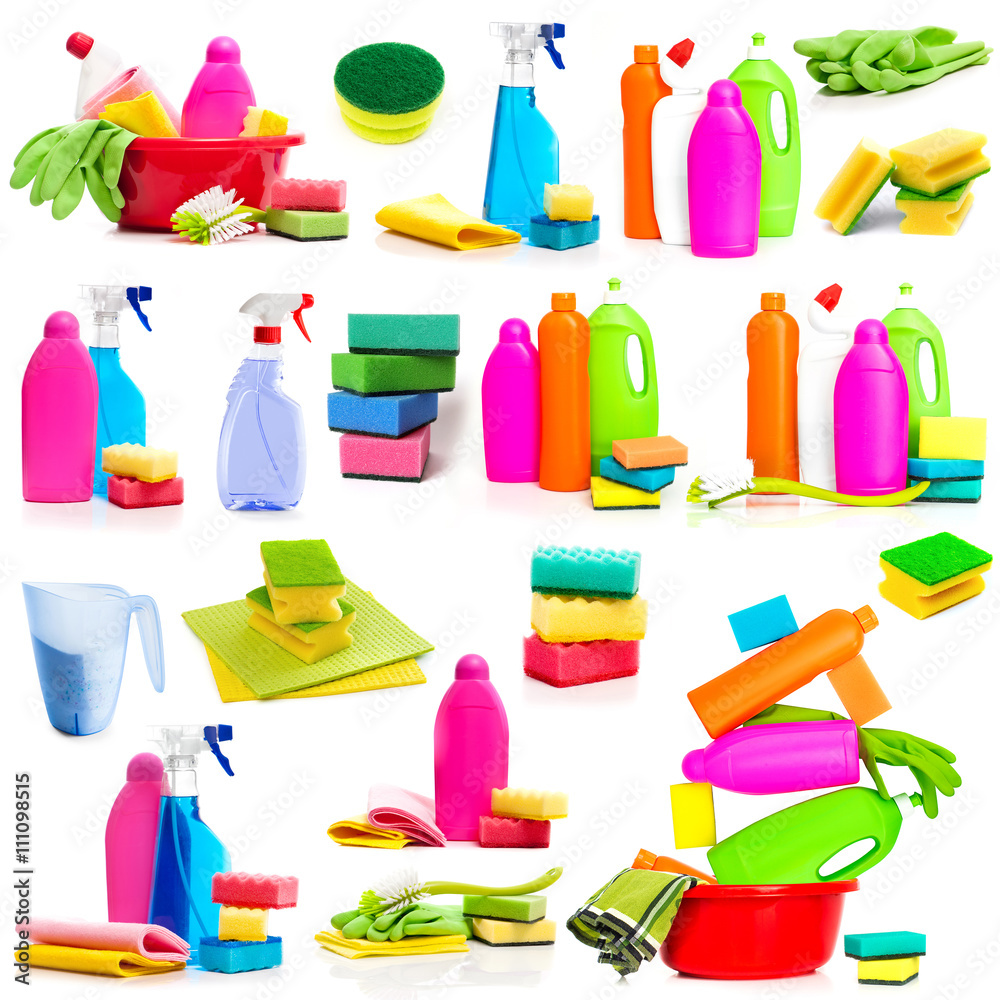 Set photos detergent and cleaning supplies isolated on a white background
