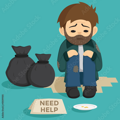 Unemployed Man Sit On The Side Of Street With Need Help Text On The Paper And Garbage Bags