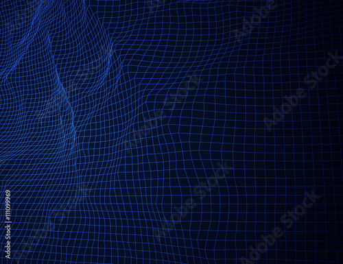 Glowing blue grid landscape. Vector techno background.