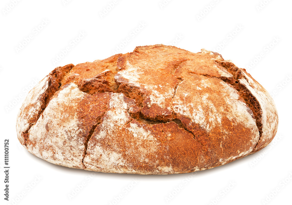 Freshly baked loaf of traditional round rye bread isolated on white background. Design element for bakery product label, catalog print, web use. Freshly baked loaf of traditional round rye bread isolated on white background. Design element for bakery product label, catalog print, web use.
