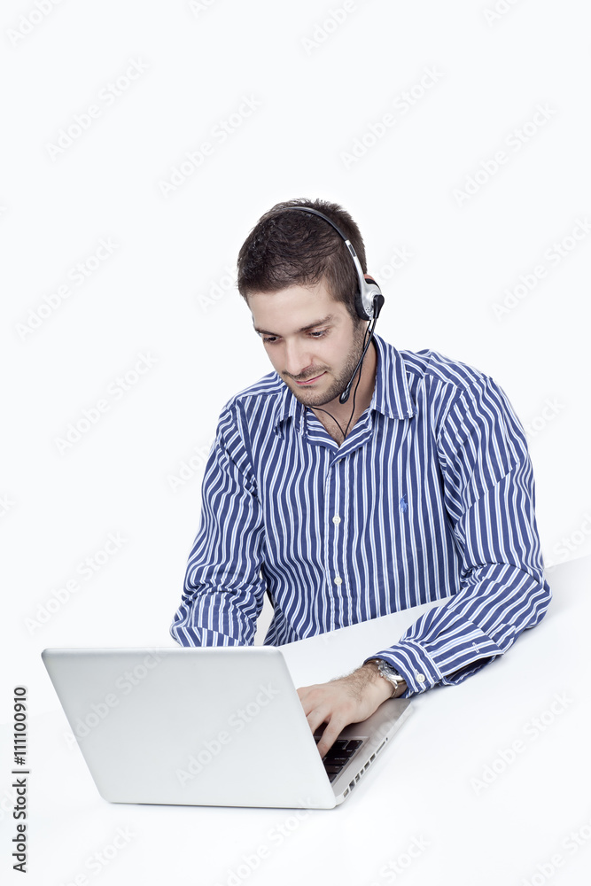 customer service representative using laptop. customer service representative using laptop.