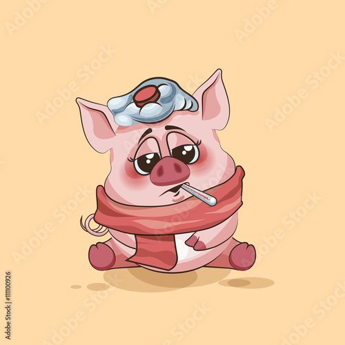 isolated Emoji character cartoon Pig sick with thermometer in mouth sticker emoticon