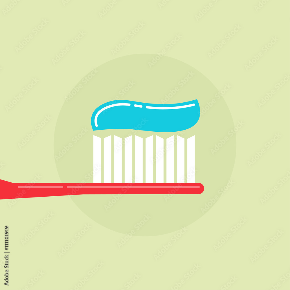 Toothbrush with toothpaste vector illustration, red tooth brush and blue tooth paste simple flat modern design isolated