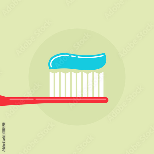 Toothbrush with toothpaste vector illustration, red tooth brush and blue tooth paste simple flat modern design isolated
