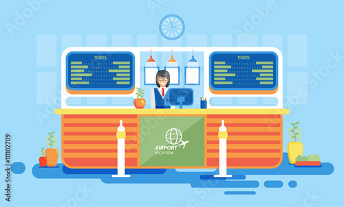 interior, reception, information desk, getting ticket, reception desk at airport in flat style
