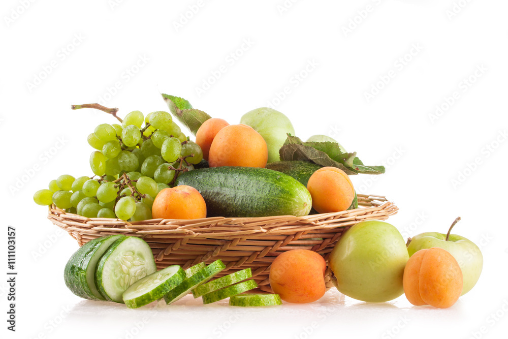 fruits and vegetables isolated on white background, apple, cucumberi, grapes, apricot