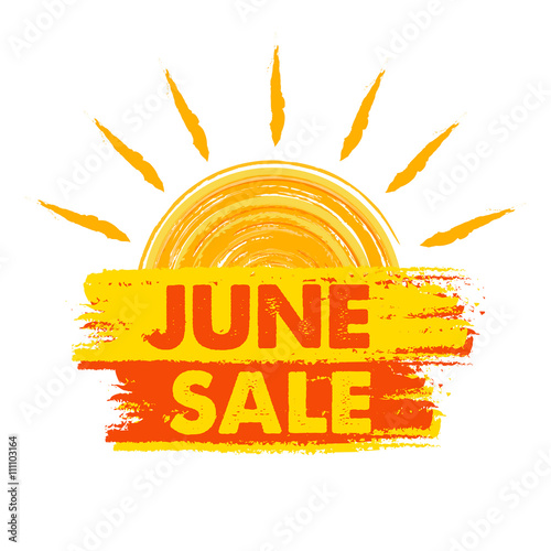 june sale with sun sign, yellow and orange drawn label