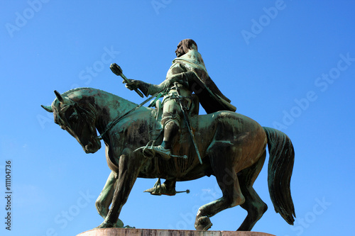 A statue of Janos Hunyadi on Szechenyi Square in Pecs, Hungary