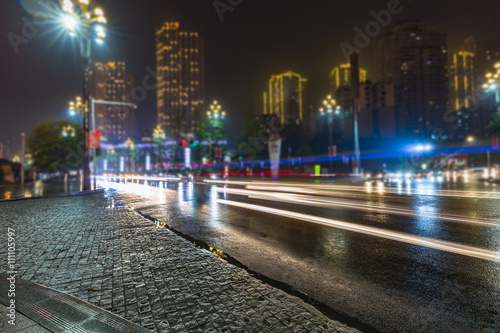 light trails in the downtown district hongkong china.