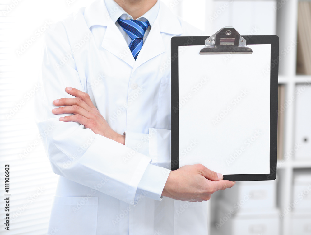Medical sign - doctor showing clipboard.