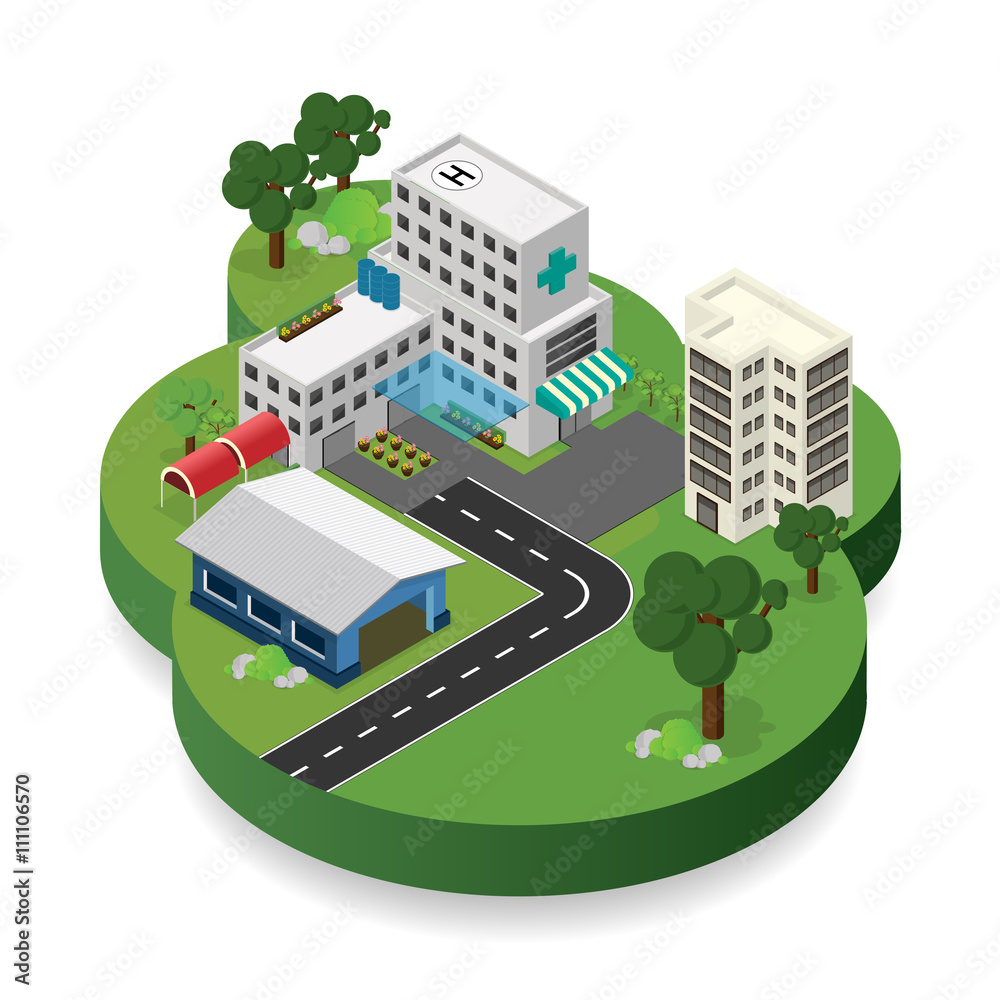 hospital building with helipad on the roof isometric
