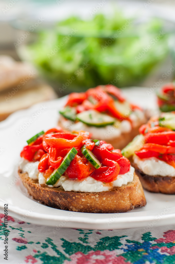 Roasted Pepper, Cucumber and Feta Bruschetta