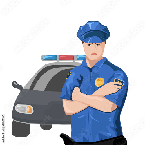 young policeman with a police car on a white background