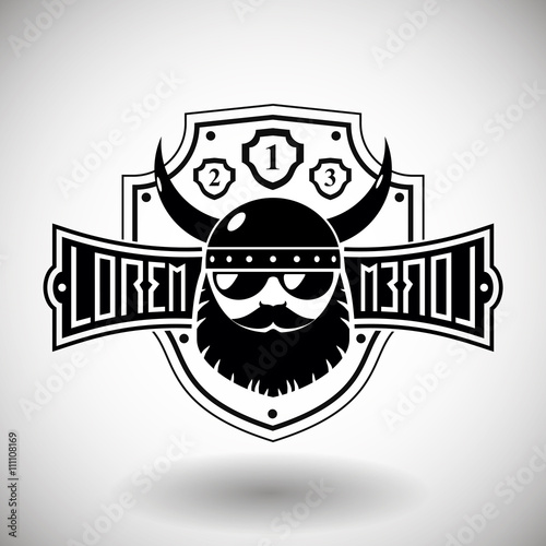 Emblem with a sign in the style of hard rock with a silhouette of a Viking head or biker in helmet with horns