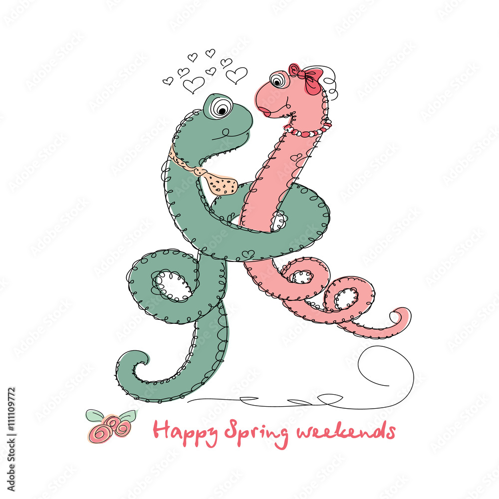 Vector Hand drawn romantic universal trendy card with characters cute snake. Doodle love Design for Wedding, marriage, bridal, birthday, Valentine's day, party invitations, holidays Vector Hand drawn romantic universal trendy card with characters cute snake. Doodle love Design for Wedding, marriage, bridal, birthday, Valentine's day, party invitations, holidays
