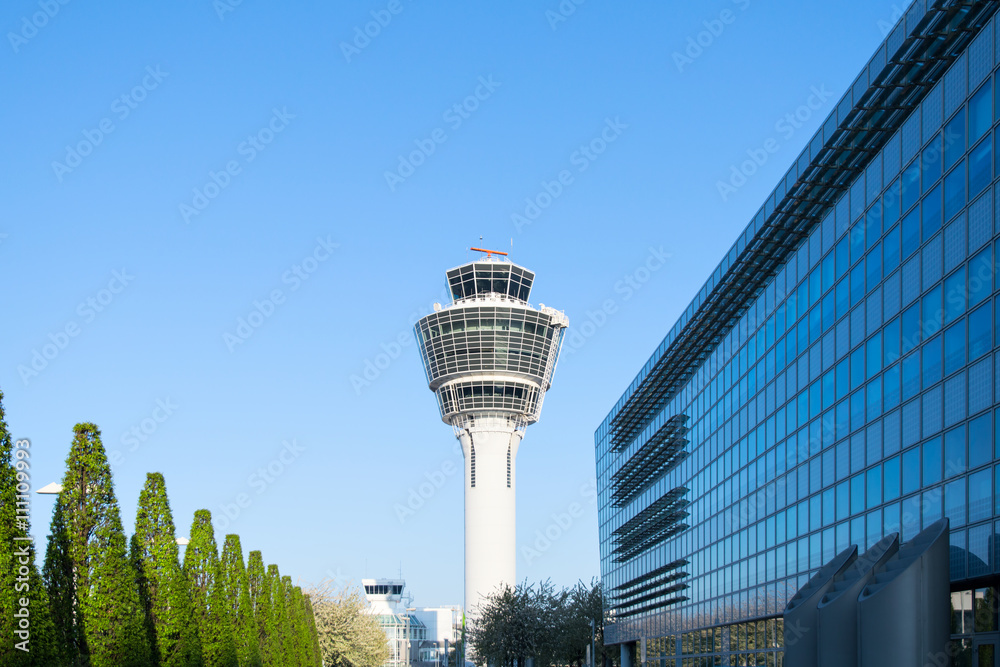 Naklejka premium Munich international passenger airport control tower and terminal