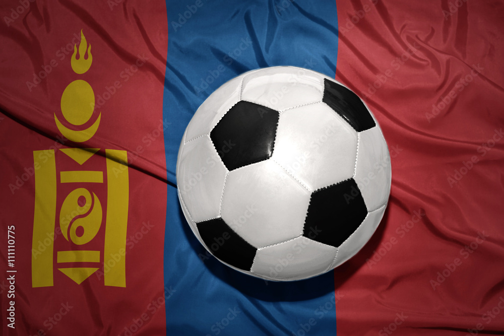Fototapeta premium black and white football ball on the national flag of mongolia