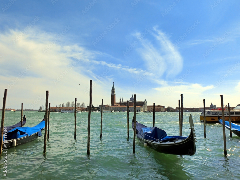 Docked gondola boats in Venice, Italy