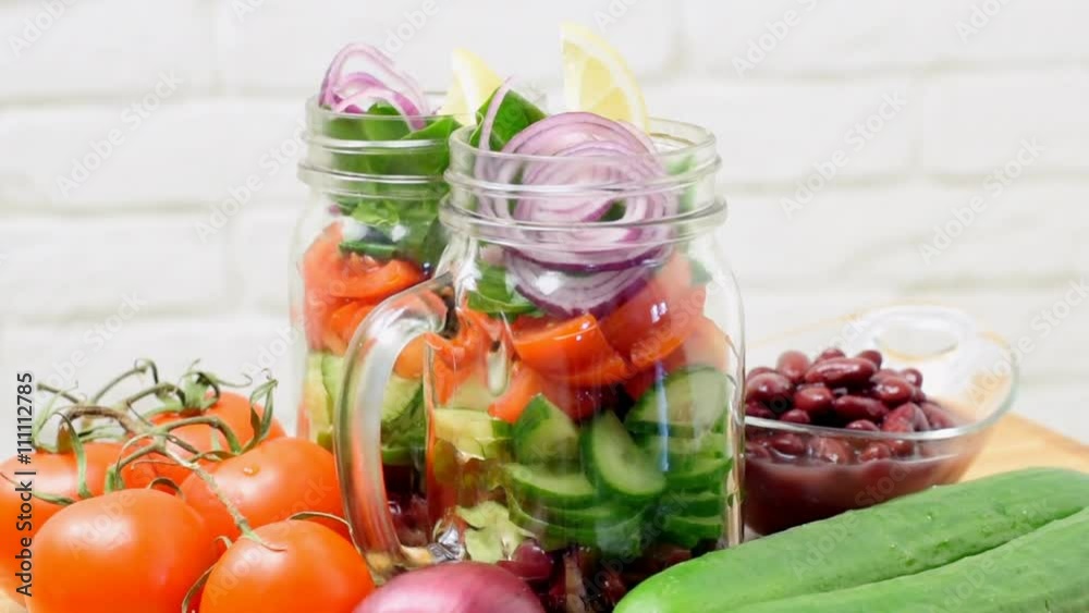 Homemade healthy salad in glass jar. Vegetarian concept. Homemade healthy salad in glass jar. Vegetarian concept.
