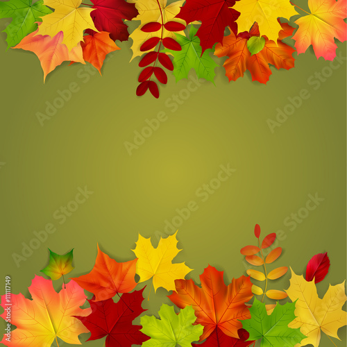 Autumn leaves frame on green background, autumn illustration