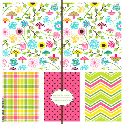 Floral ditsy seamless pattern set. Repeating patterns for fabric, kids apparel, gift wrap, backgrounds, and more. Whimsical flower and mushroom print with coordinating plaid, polka dot and chevron.